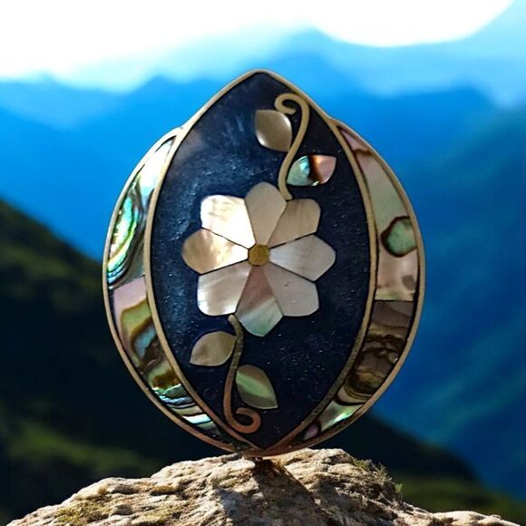 Alpaca Pendant Brooch Pin Abalone Shell Vintage Mexico Inlaid Floral Silver Tone - Picture 1 of 15